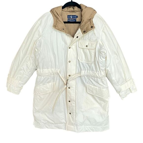 Ralph Lauren Men's Hooded Snap Button Down Filled Parka Coat Ivory Size Small - Picture 1 of 7